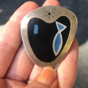 Modernist Estela Popowski Sterling, Brass, and Ebony Guitar Pik Pin Brooch